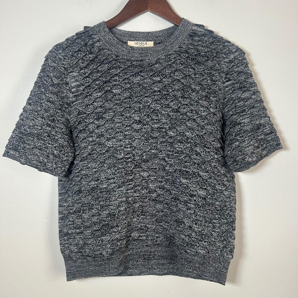 ICICLE Atelier Women Gray Textured Knit Short Sleeve‎ Sweater Size 4